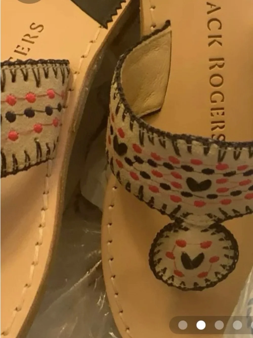 Jack Rogers Beige Leather Sandals with Pink & Black Embroidery